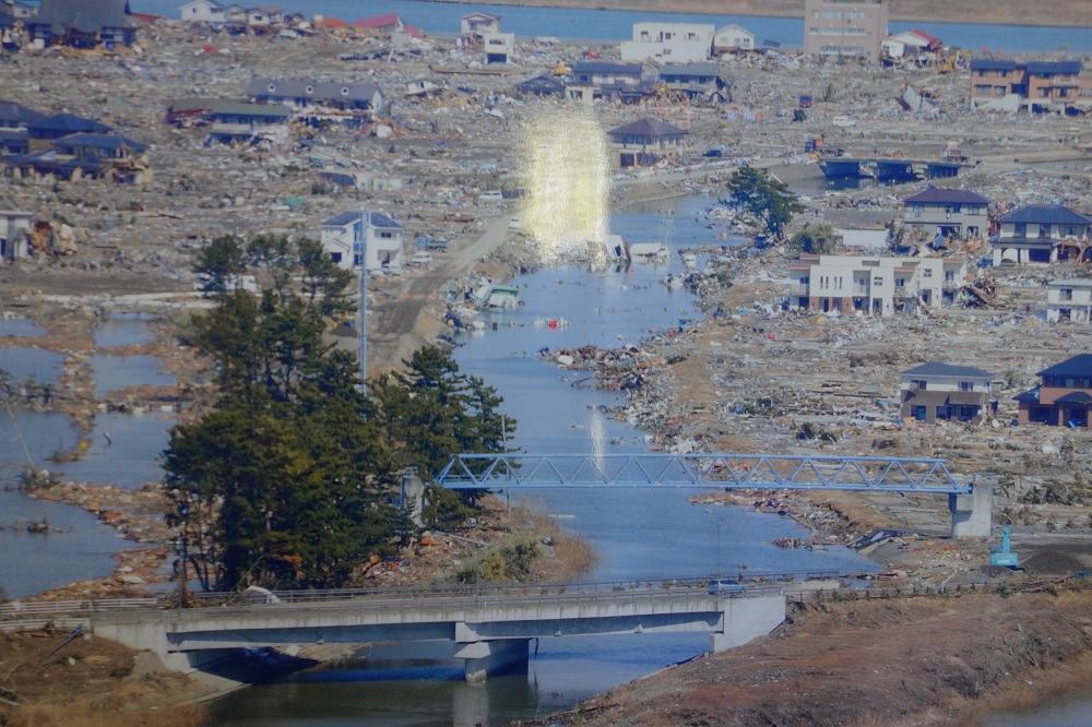 陥没した街並み